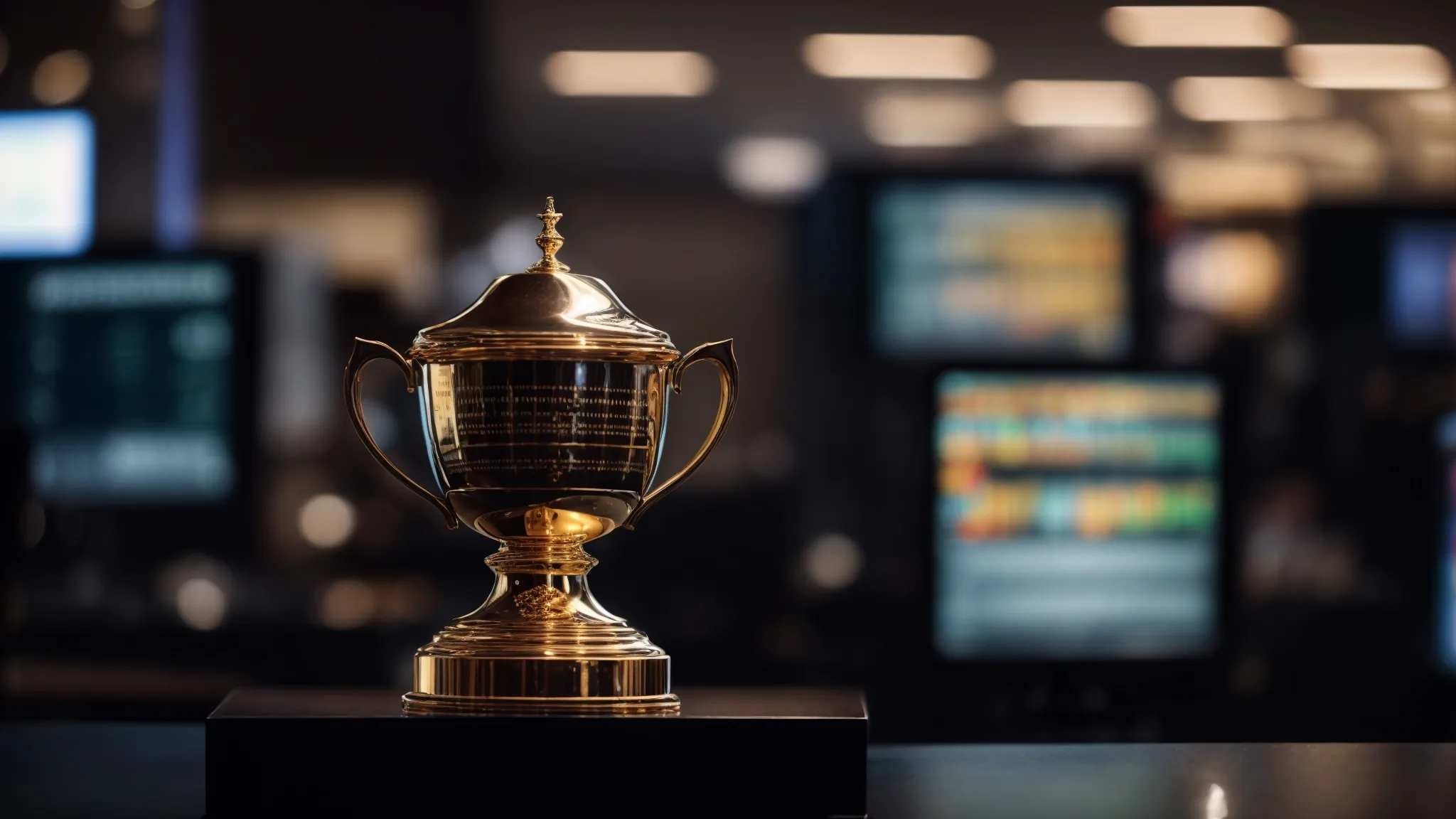 a trophy gleaming atop a pedestal against a blurred background of computer screens showcasing graphs and analytics.