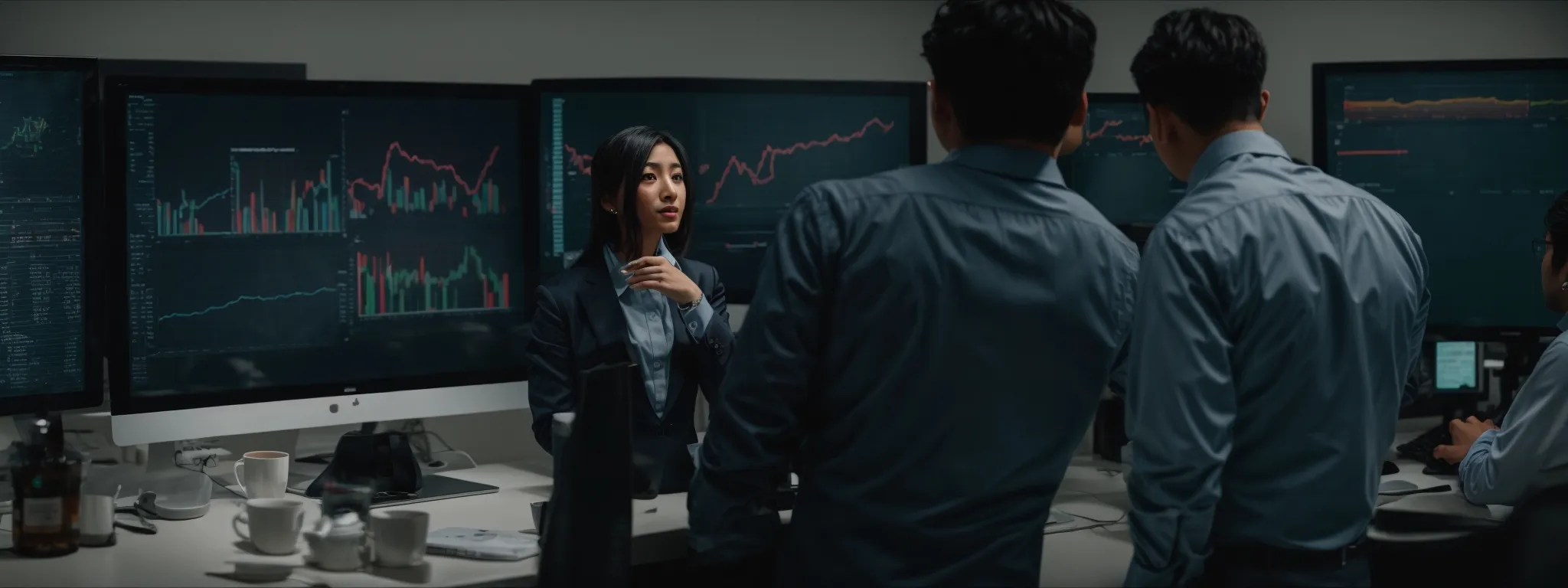 a marketer presents a strategy to a team beside a bright computer screen showing web analytics.