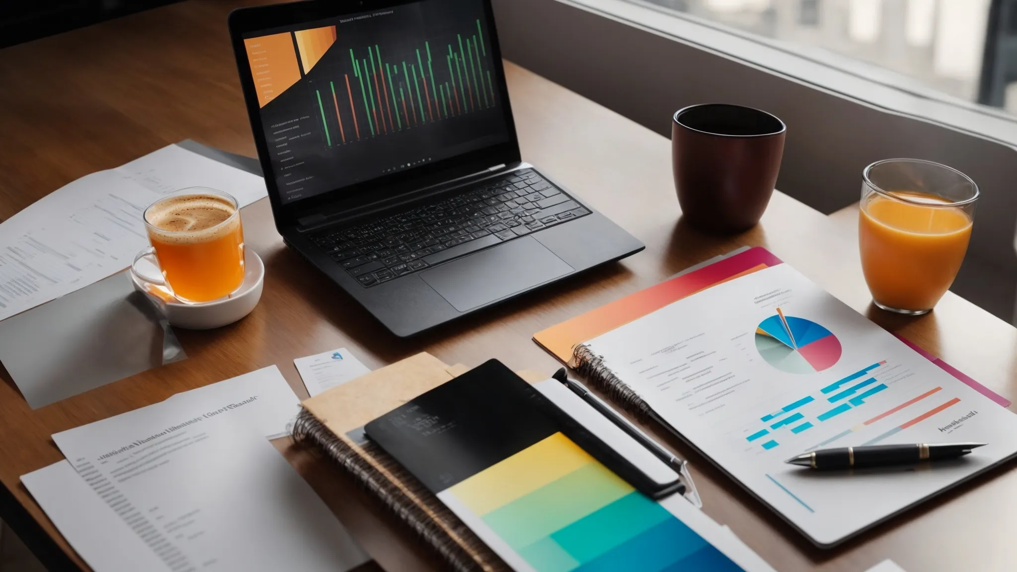 a laptop displaying colorful graphs and charts next to a cup of coffee and a notepad on a modern desk.