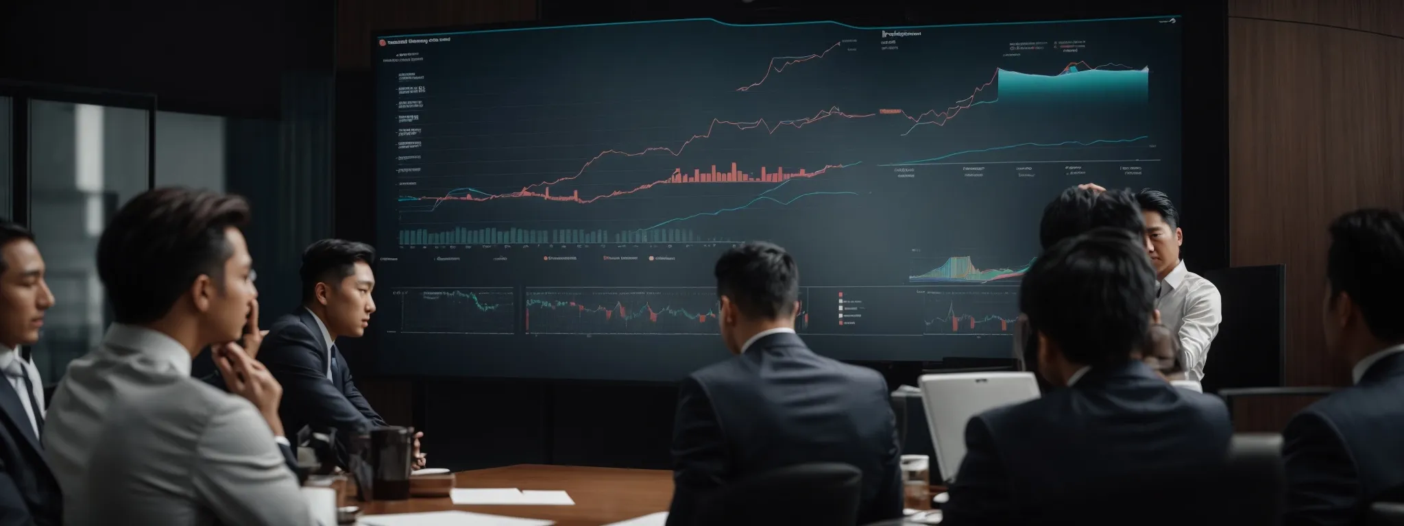 a business meeting with professionals discussing charts and graphs on a large presentation screen.