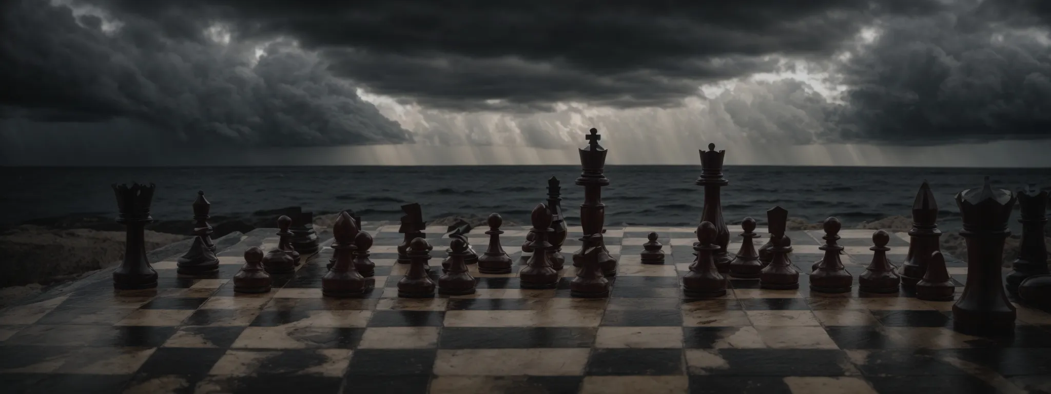 a chessboard with a fallen king piece and overshadowing dark clouds above.