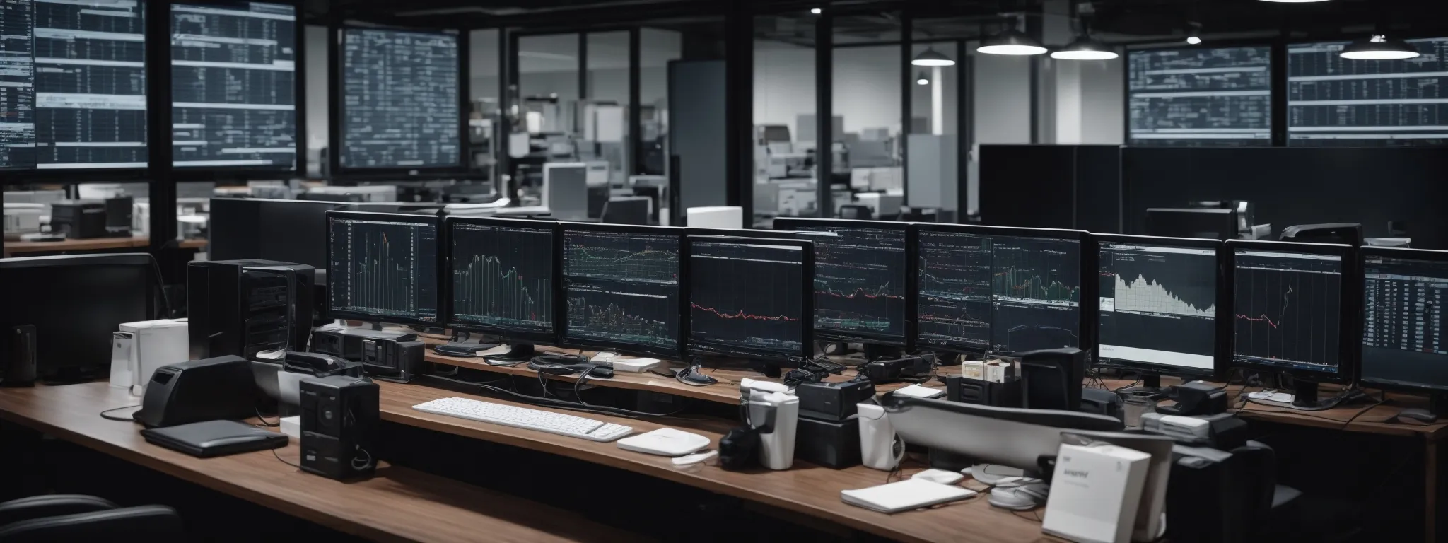 a neatly organized office space with multiple computer monitors displaying charts and analytical data.