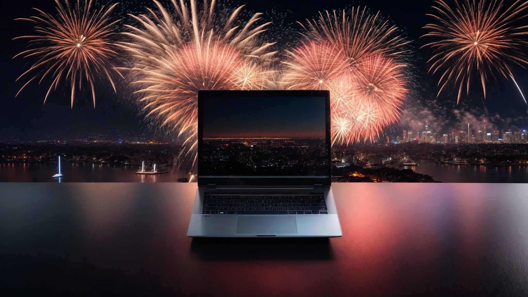 a sleek laptop open with a celebratory backdrop of fireworks illuminating the sky to welcome the new year.