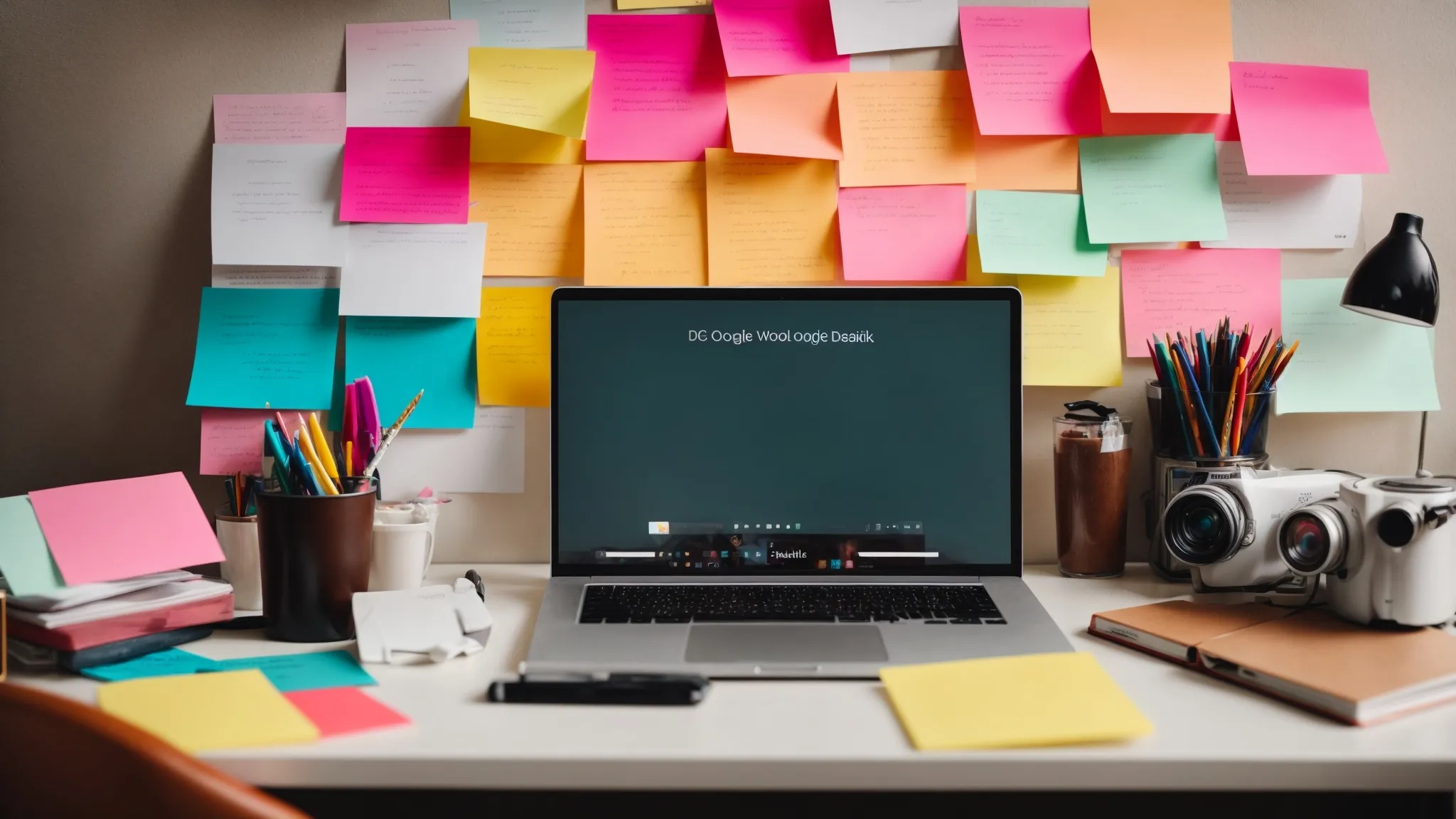 a bright workspace with a laptop open to a google search page, surrounded by colorful sticky notes and brainstorming supplies on a clean table.