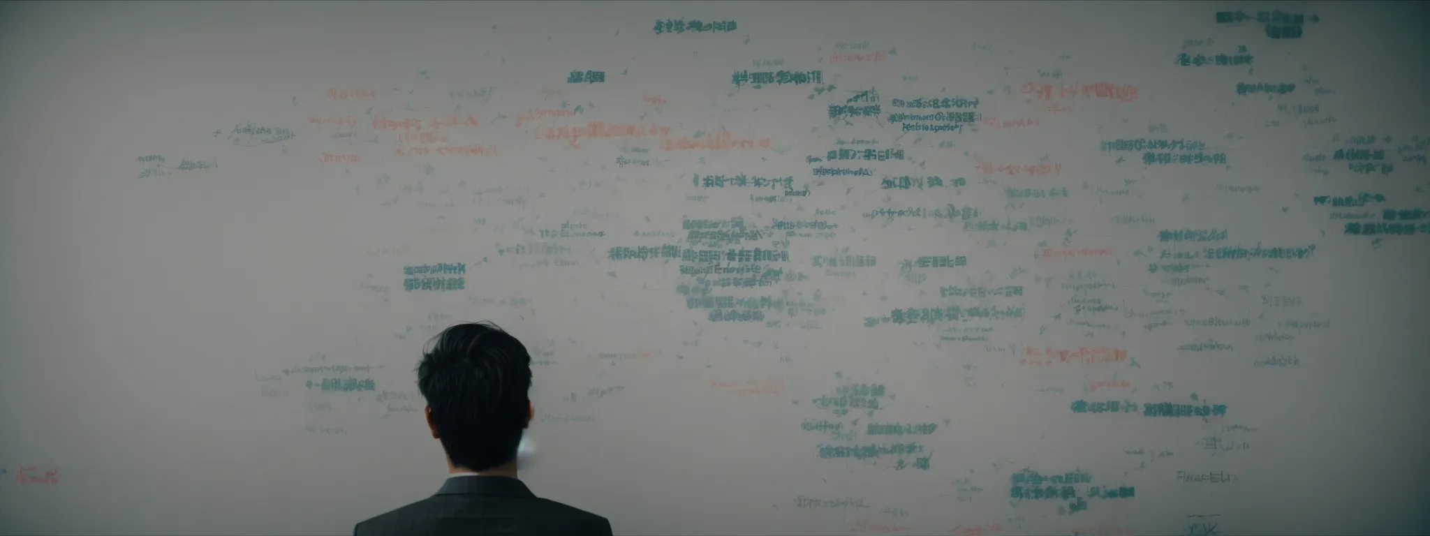 a person brainstorming content ideas on a whiteboard with a web of interconnected words.