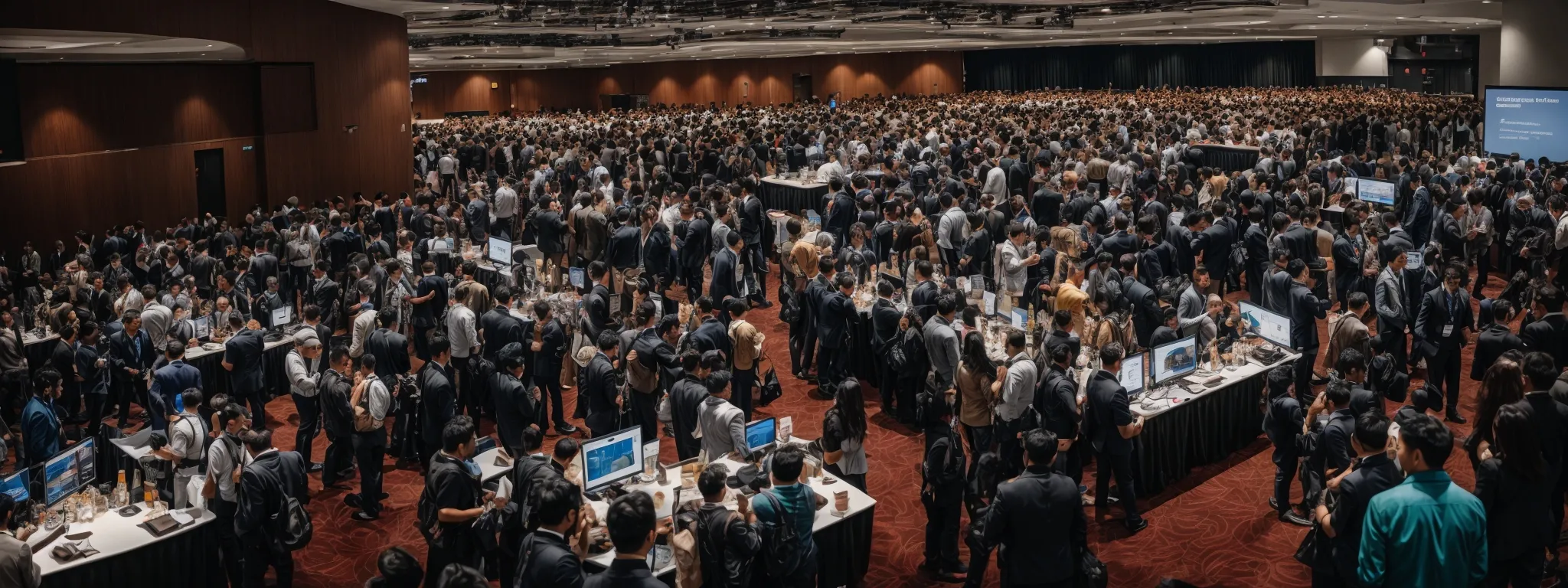 a wide-angle view of a bustling tech conference with professionals networking and sharing insights on digital marketing strategies.