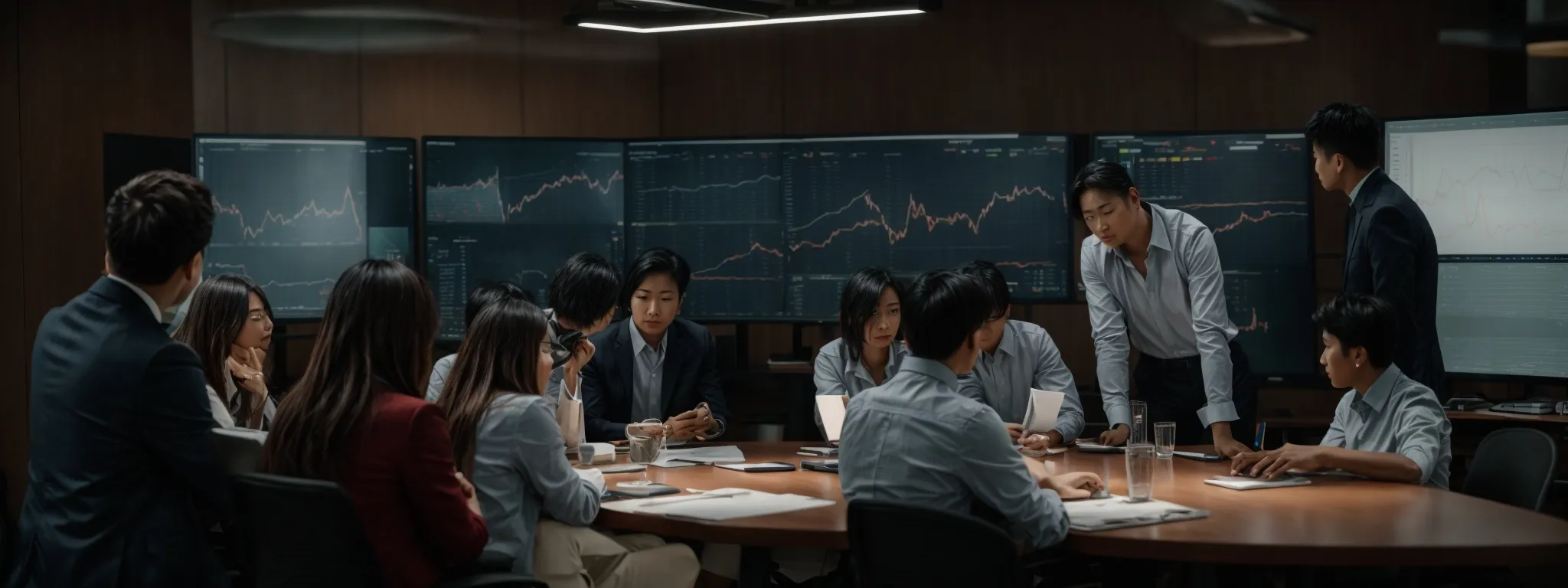 a team of professionals gathered around a conference table, intently analyzing graphs and charts displayed on a large monitor.