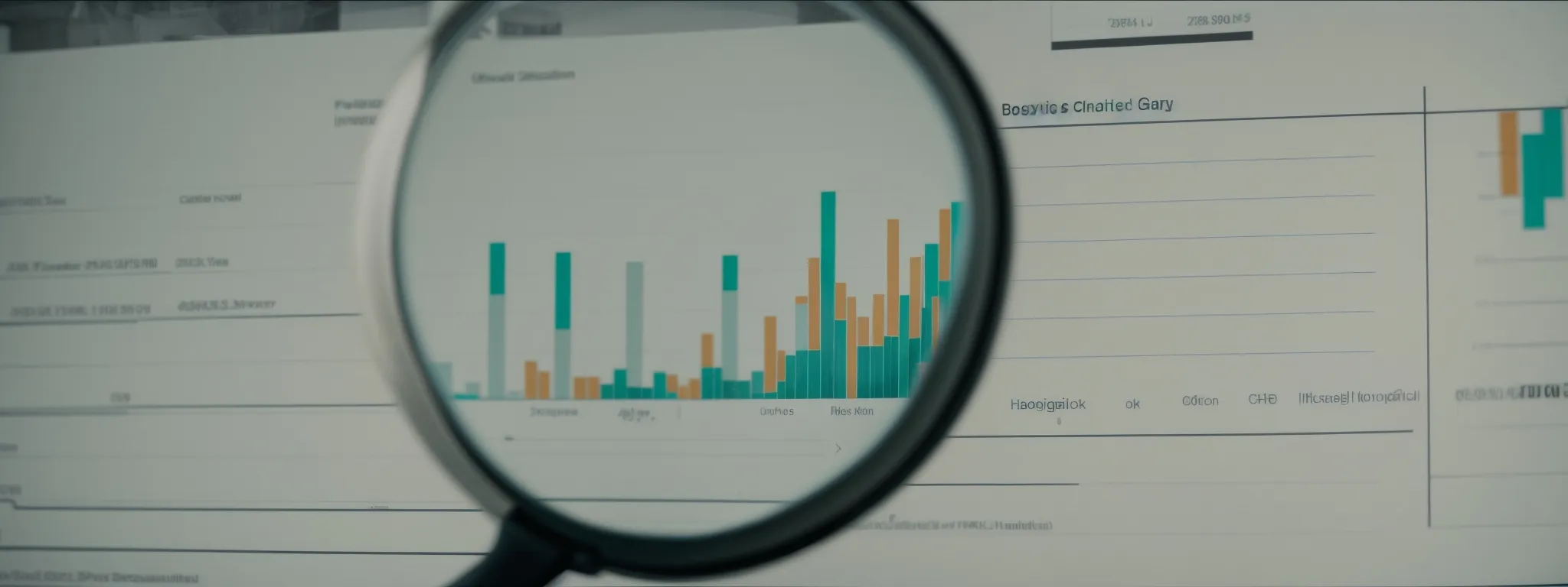 a magnifying glass hovering over a cluster of misleading charts and graphs on a computer screen.