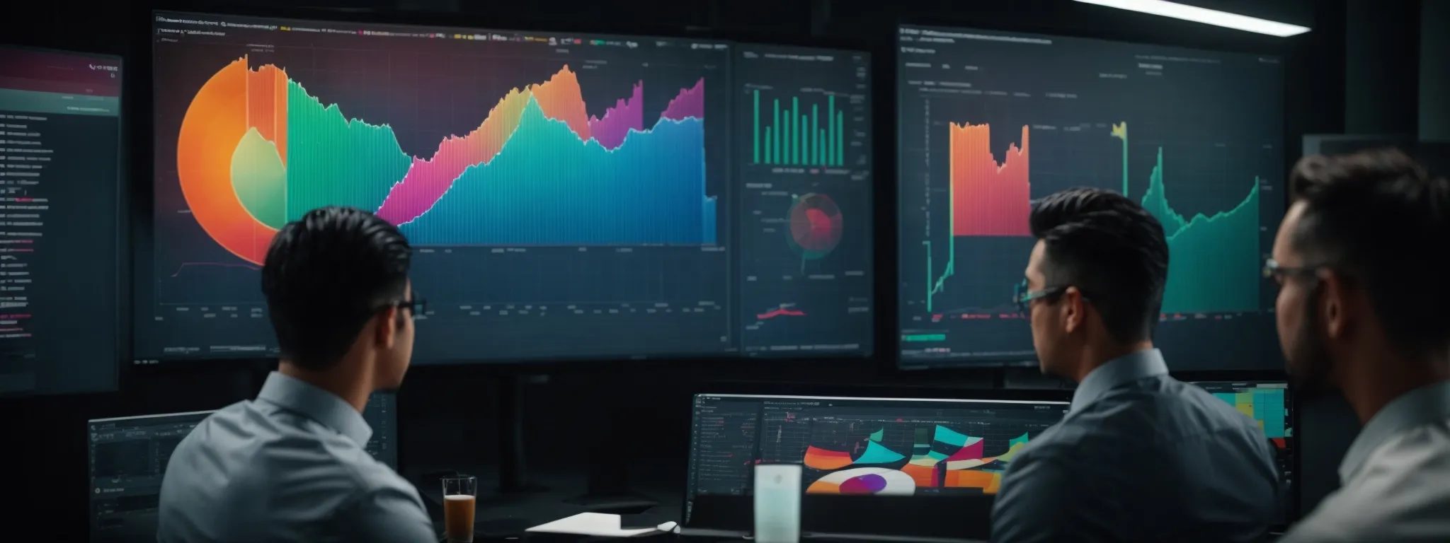 a marketing team analyzes colorful graphs on a large monitor, reflecting seo performance metrics.
