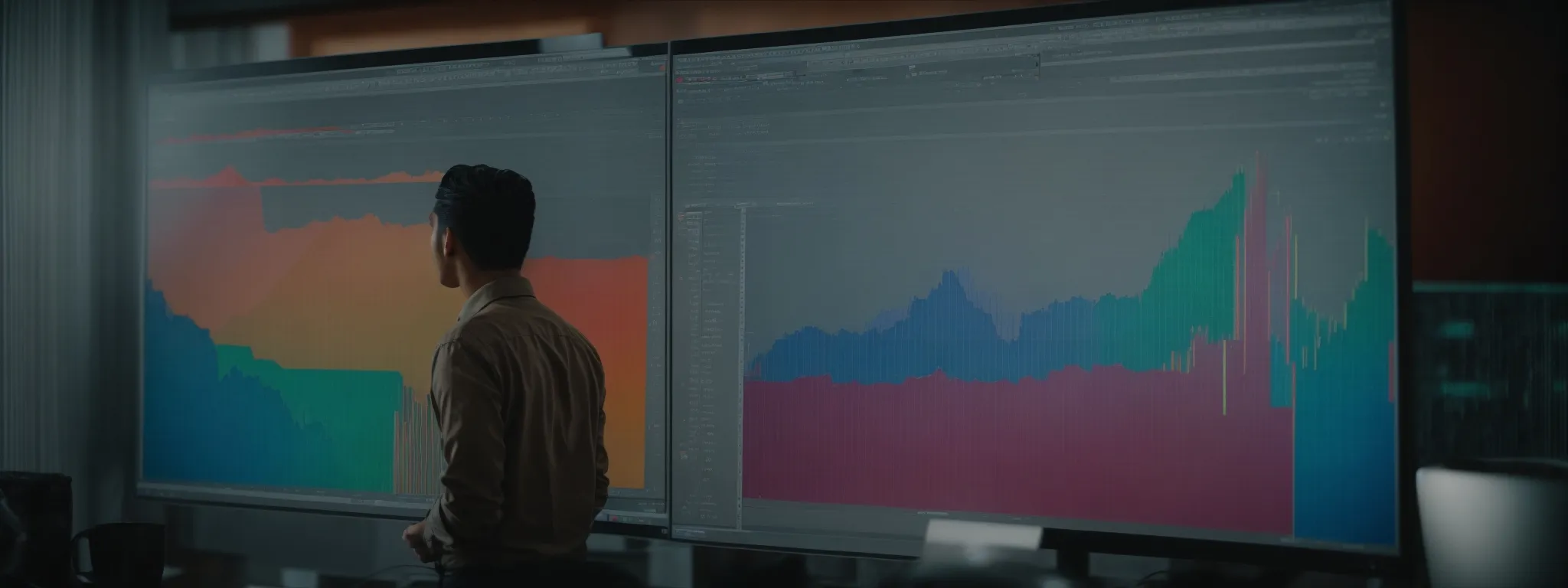 a person analyzing a colorful chart comparing two different search engine algorithms on a large monitor.