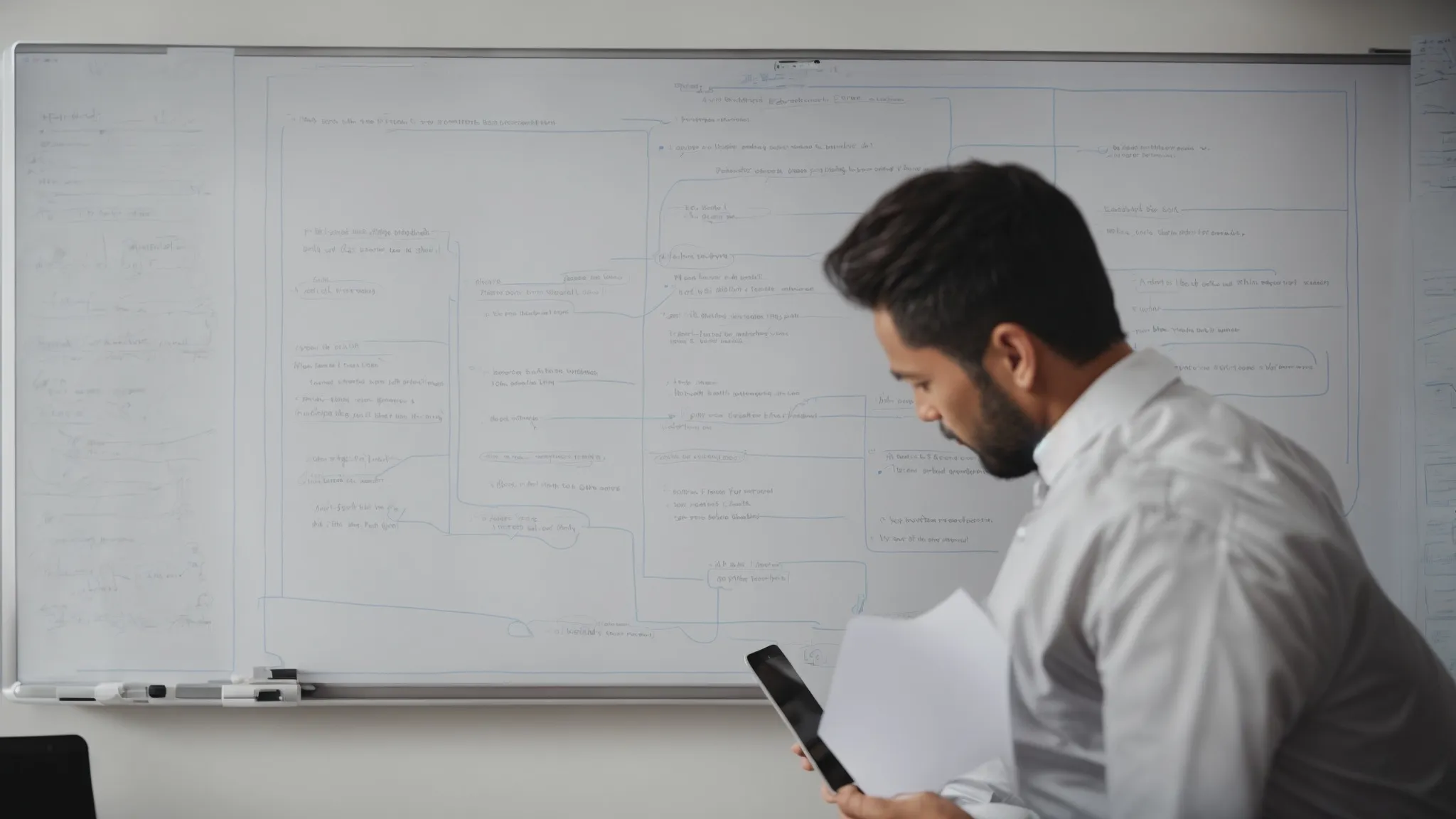 two professionals discussing over a digital tablet beside a whiteboard with a marketing strategy flowchart.