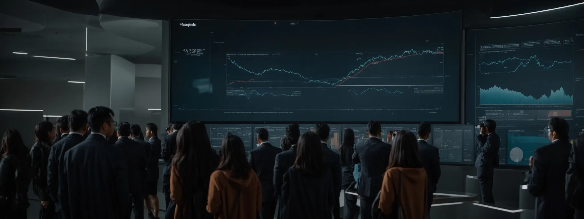 a diverse group of people collectively looking at a large digital screen displaying a trending analytics dashboard.