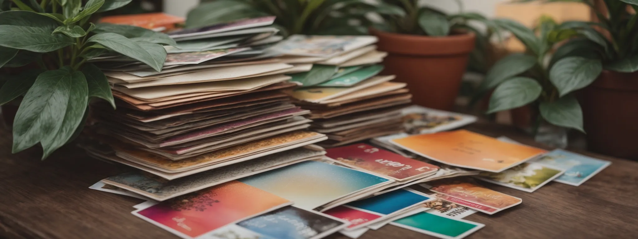 a stack of colorful postcards on a wooden table beside a potted plant.