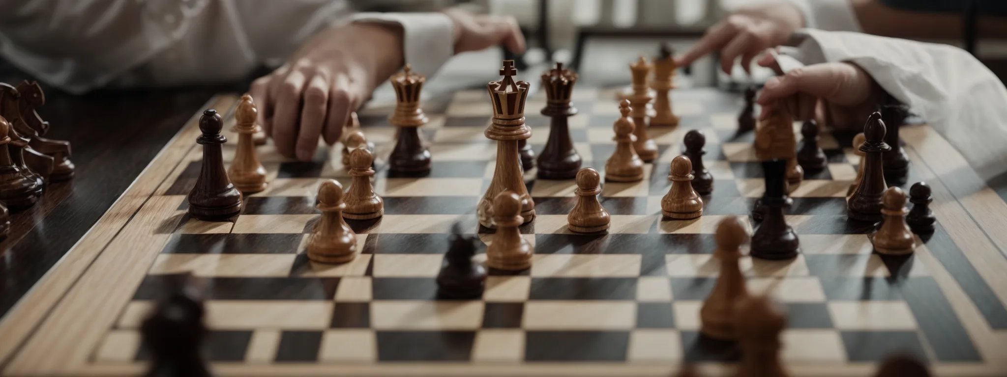 a chessboard with one player making a decisive move symbolizing strategy and competition.