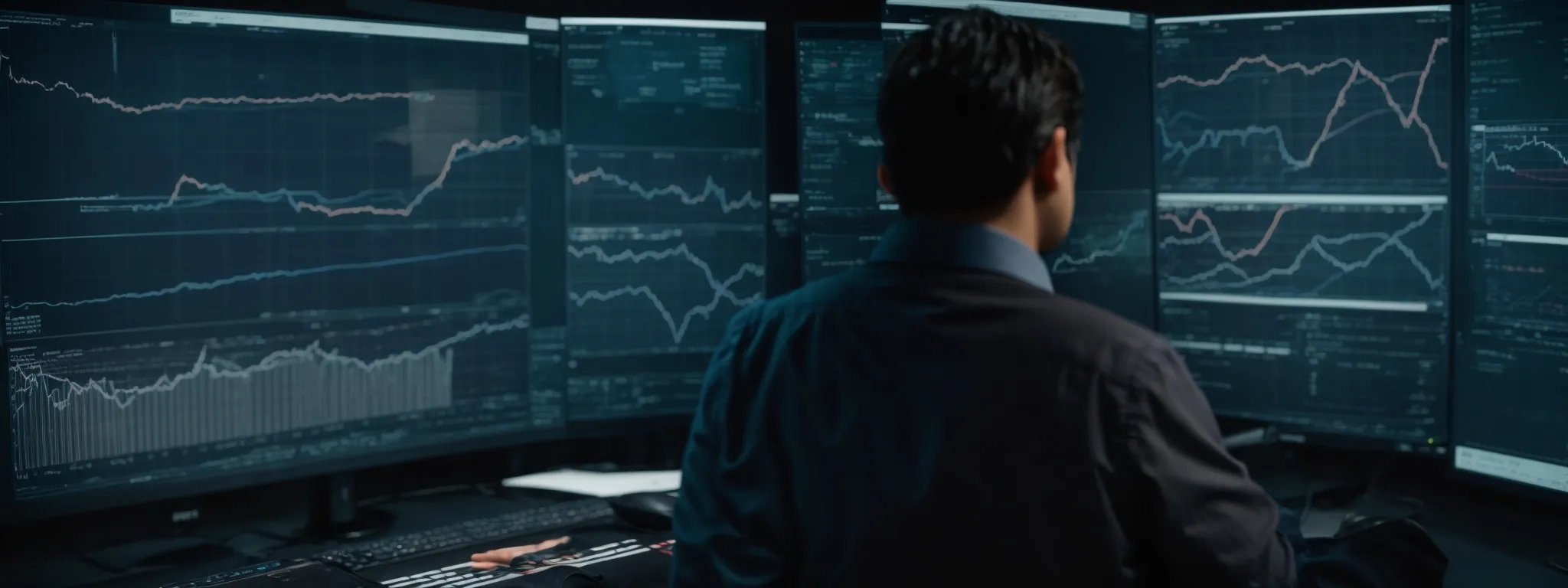 several analysts scrutinize charts and graphs on a large monitor, revealing pathways and interactions within a network.