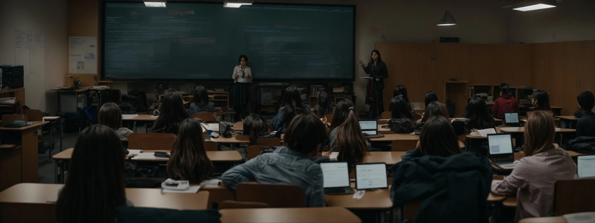 a classroom with students focused on a large screen displaying a web search interface.