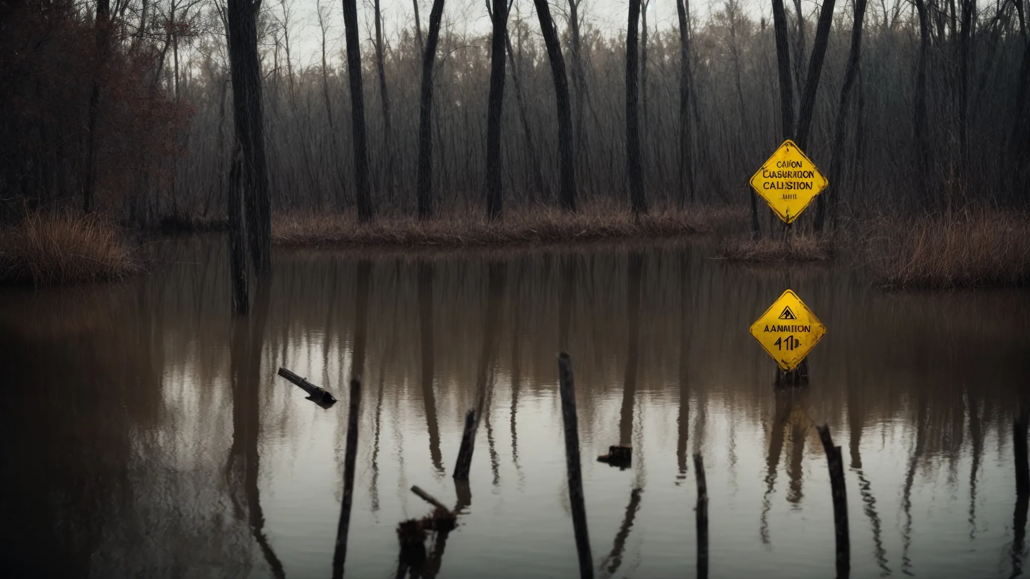 a caution sign submerged in a murky swamp, symbolizing hidden dangers in deceptive seo pricing schemes.