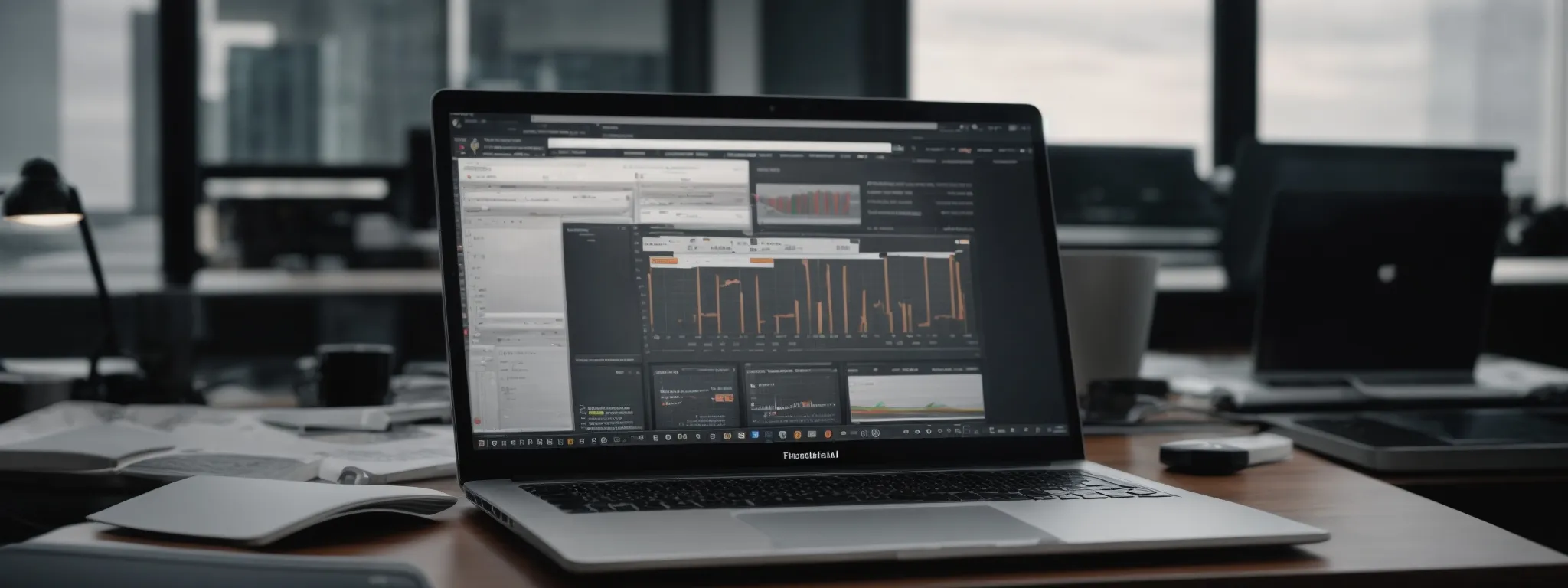 a laptop with analytics on the screen set on an office desk amid digital marketing notes.