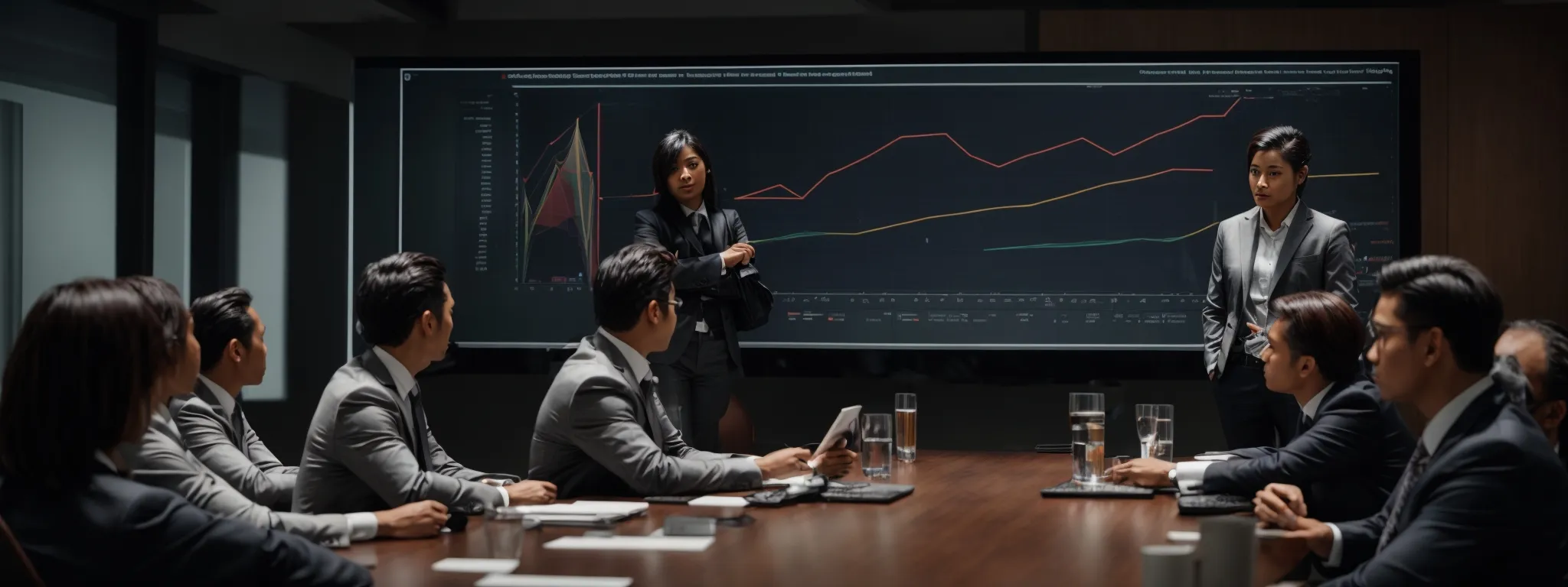 a boardroom with diverse professionals analyzing graphs on a large screen, strategizing targeted marketing approaches.