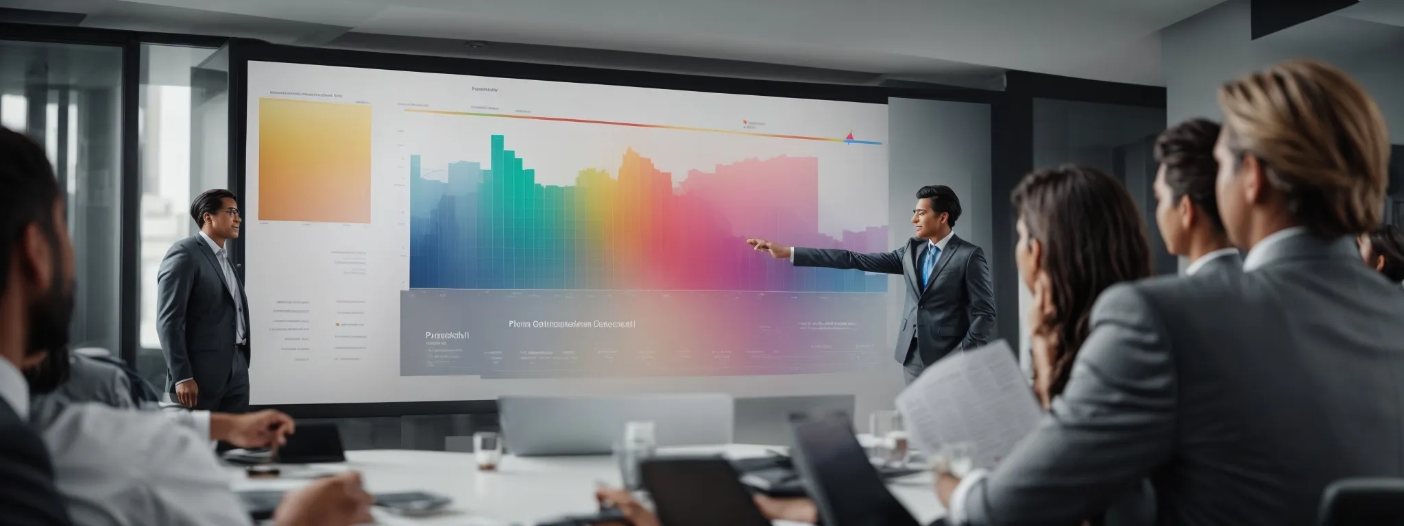 a person presenting a colorful chart on a large screen to a boardroom of attentive professionals.