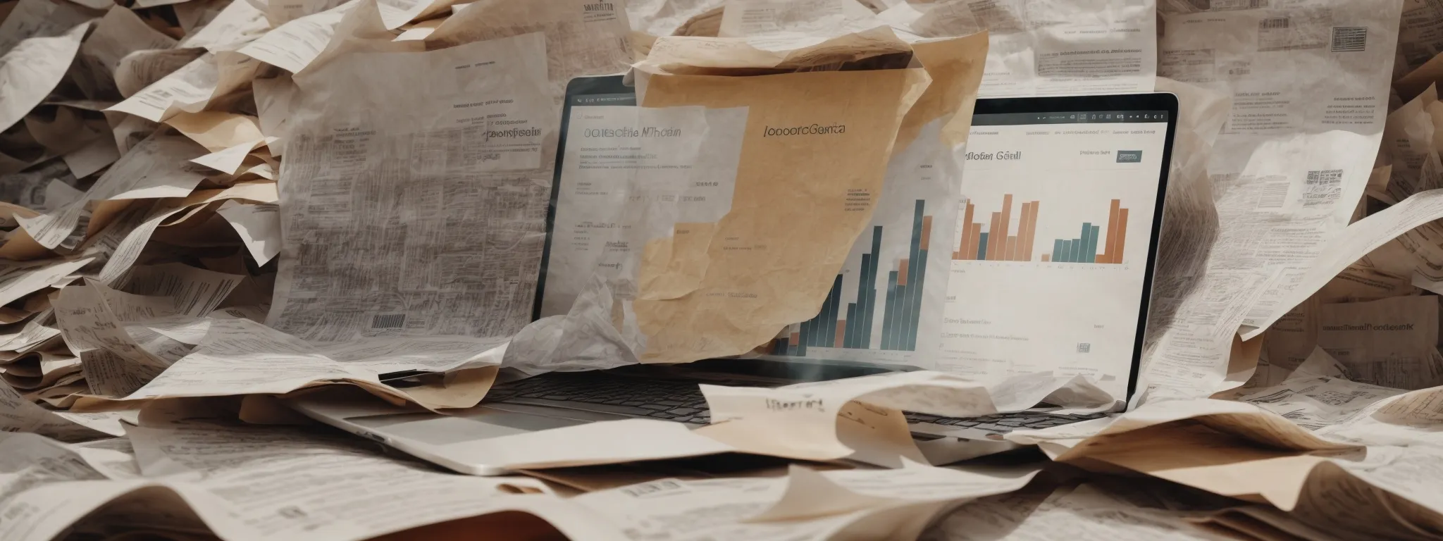 a laptop with analytics graphs on the screen beside a pile of crumpled paper ads.