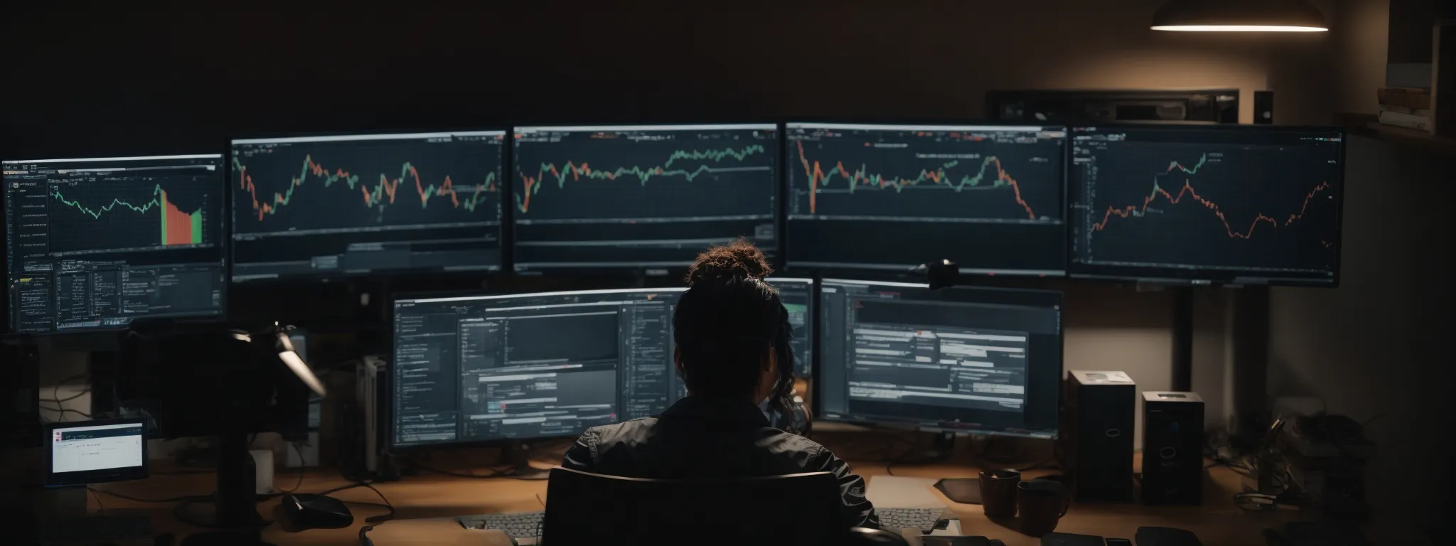 a web developer sits at their desk with dual monitors displaying an analytics dashboard and a content management system.