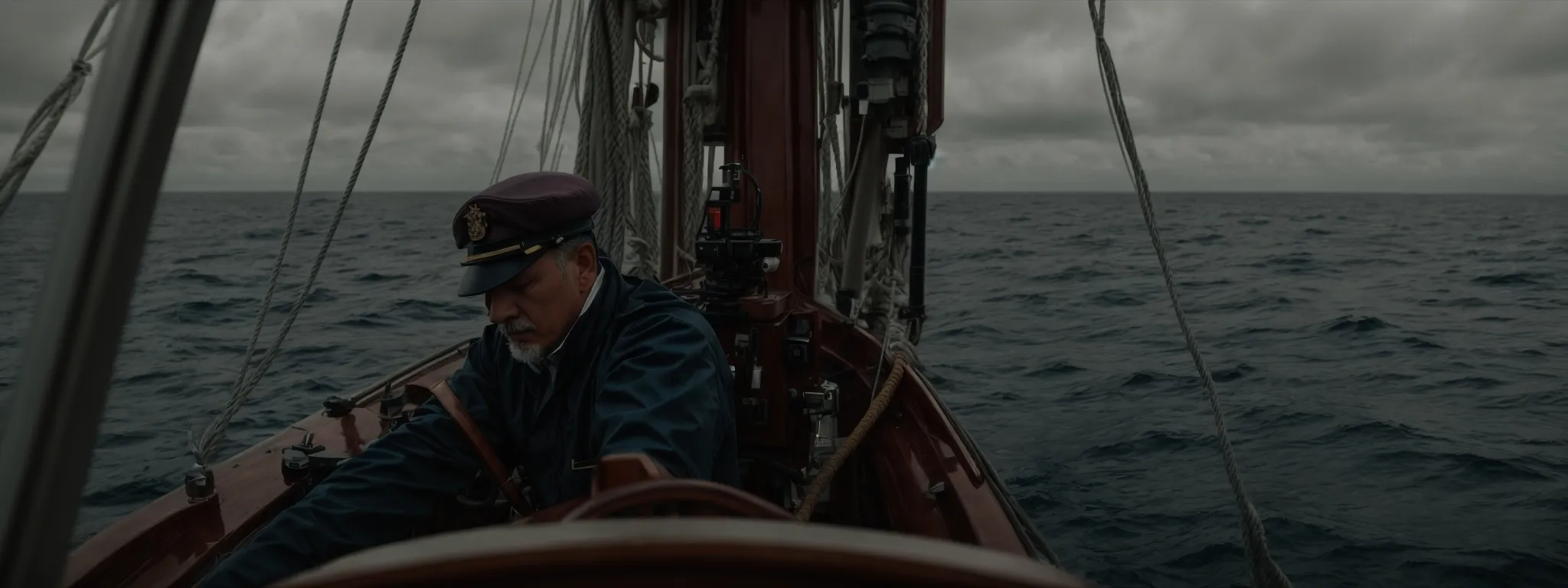 a ship's captain intently steering a vessel through a vast, open sea.