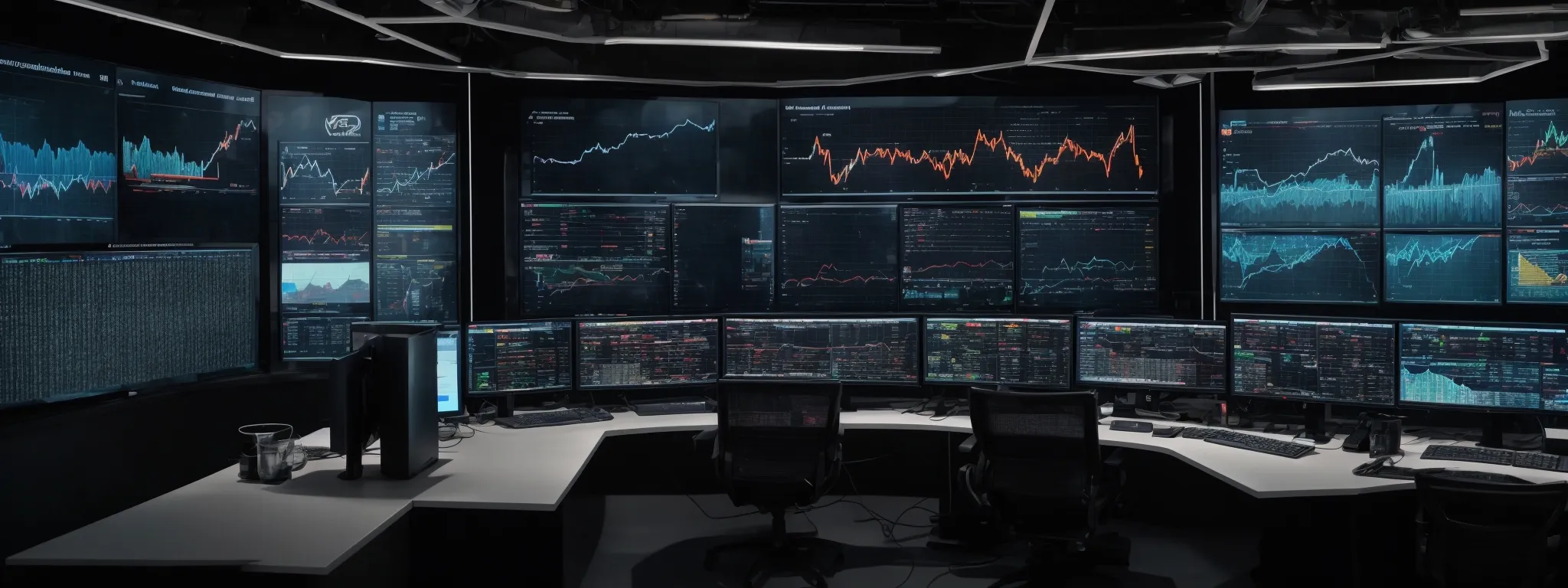 a command center with multiple screens displaying graphs and analytics, representing an integrated digital marketing hub.