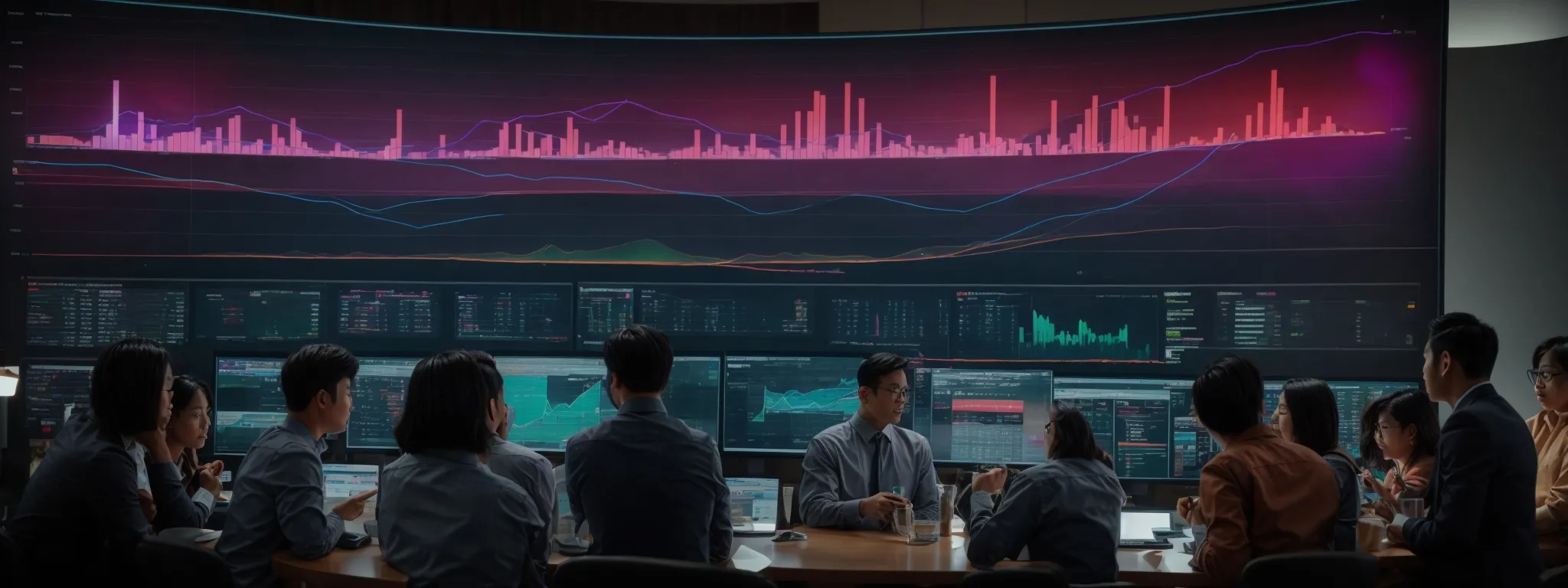 a group of professionals gathered around a large screen displaying colorful graphs and social media metrics.