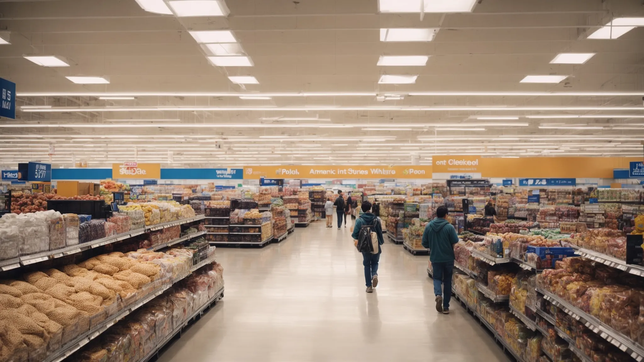 a wide interior view of a bustling walmart store with prominent signage and organized aisles.