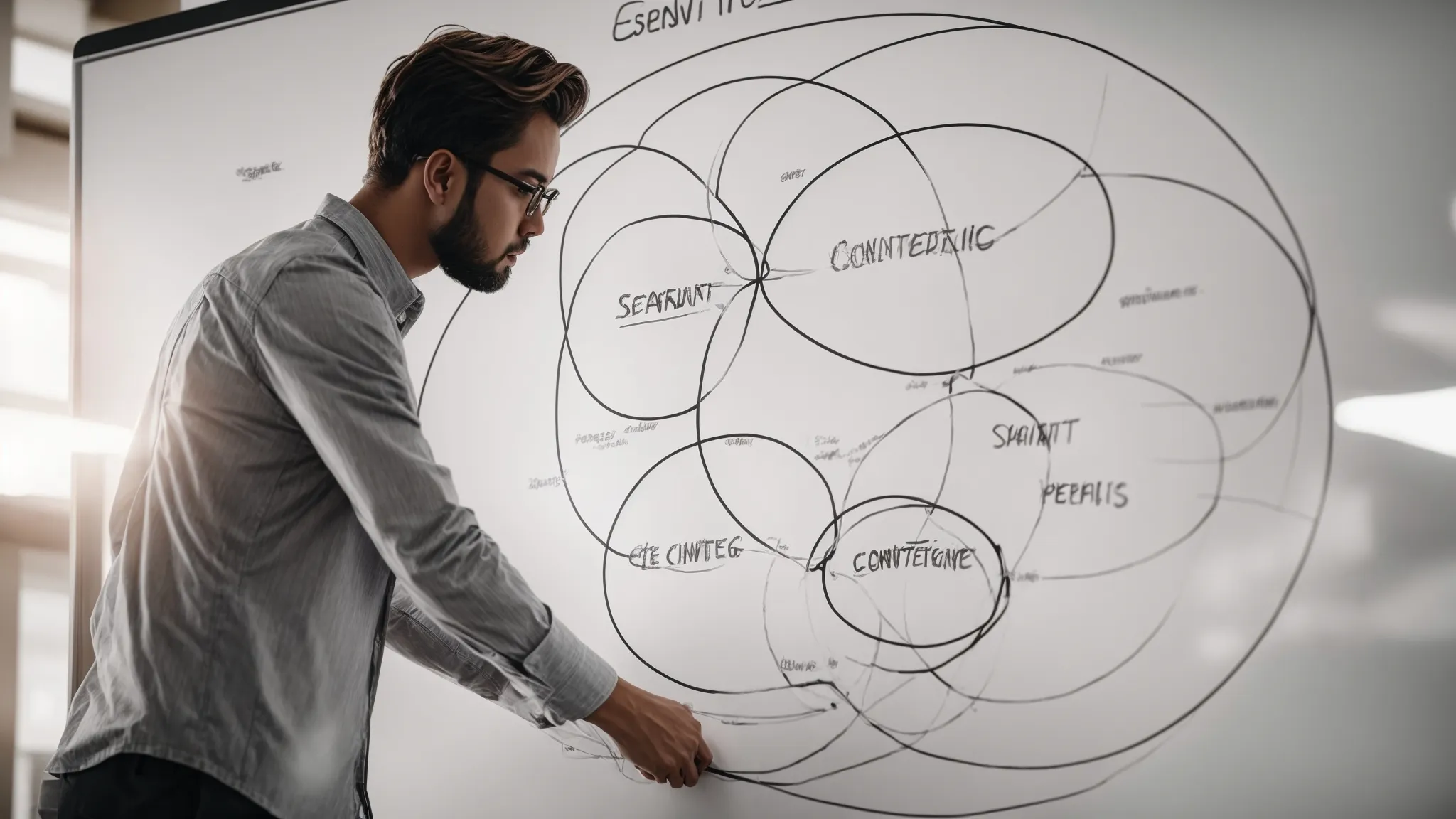 a marketer drawing a large venn diagram on a whiteboard, with "content marketing" and "seo" intersecting in the center.