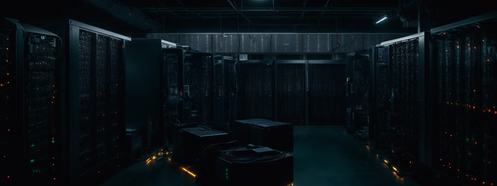 rows of servers and data storage equipment illuminate a dimly lit data center.