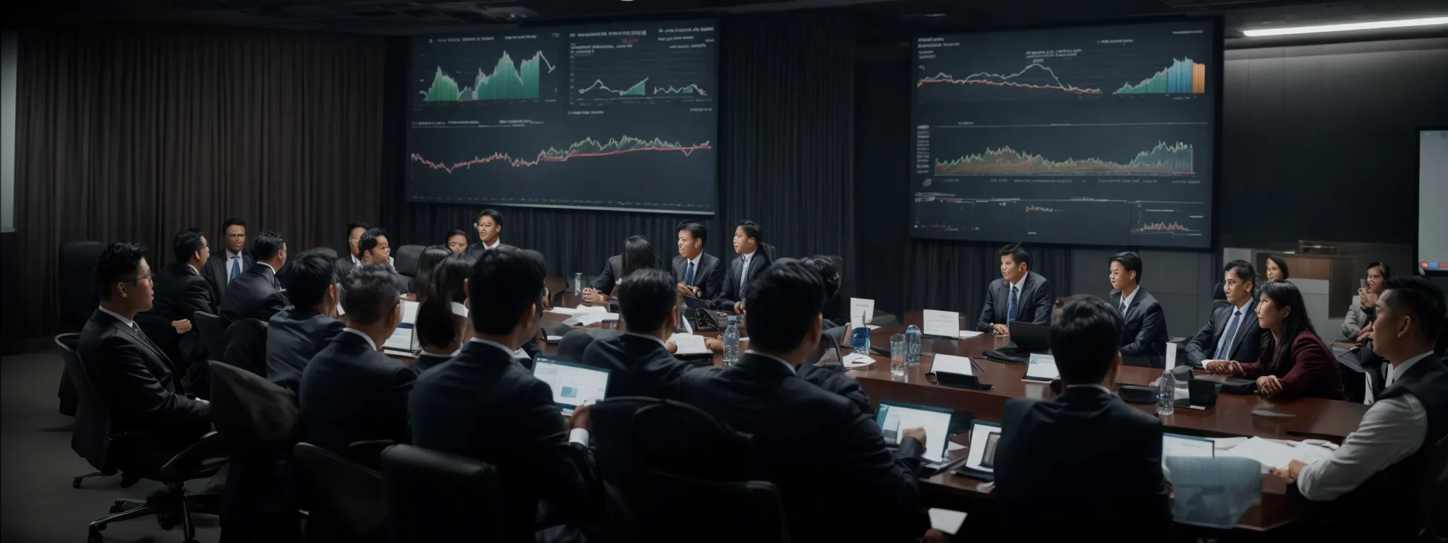 a corporate meeting with a financial presentation showcasing graphs and charts on a large screen.