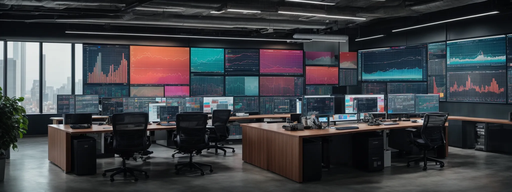 a panoramic view of a modern office space with multiple computer screens displaying colorful graphs and data analytics dashboards.