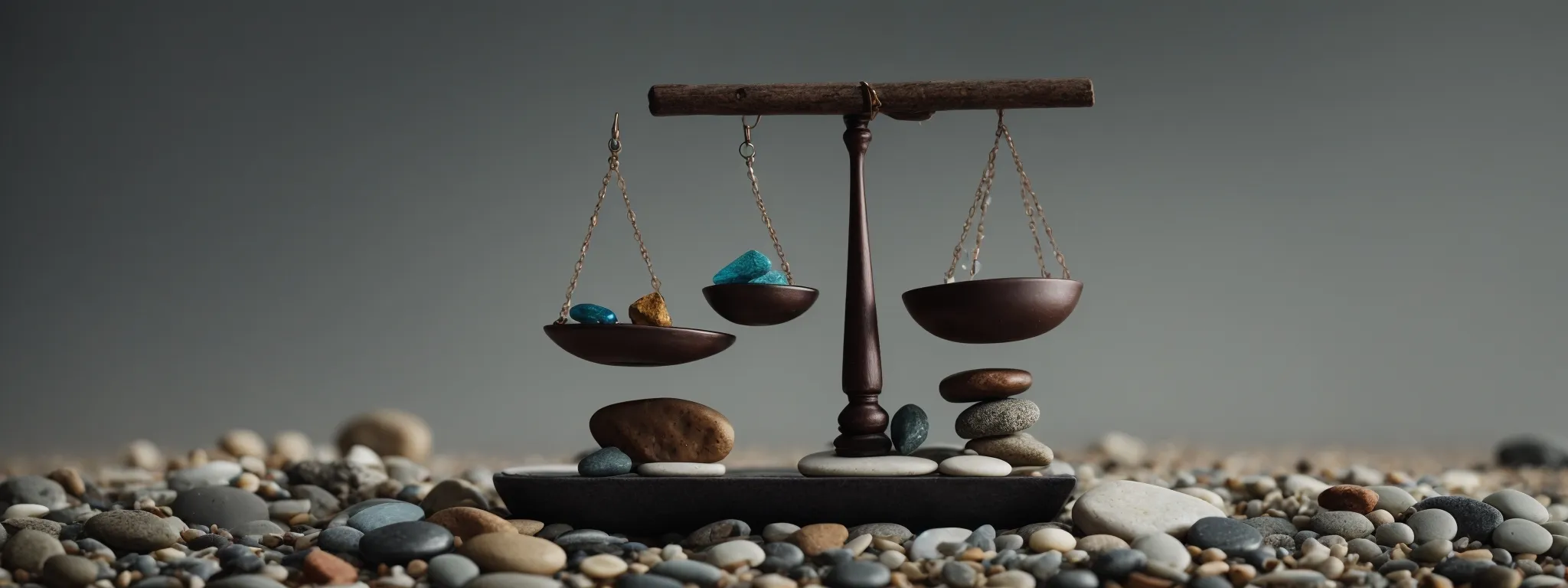 a balance scale unevenly tipped, contrasting a few precious stones on one side with a heap of pebbles on the other.