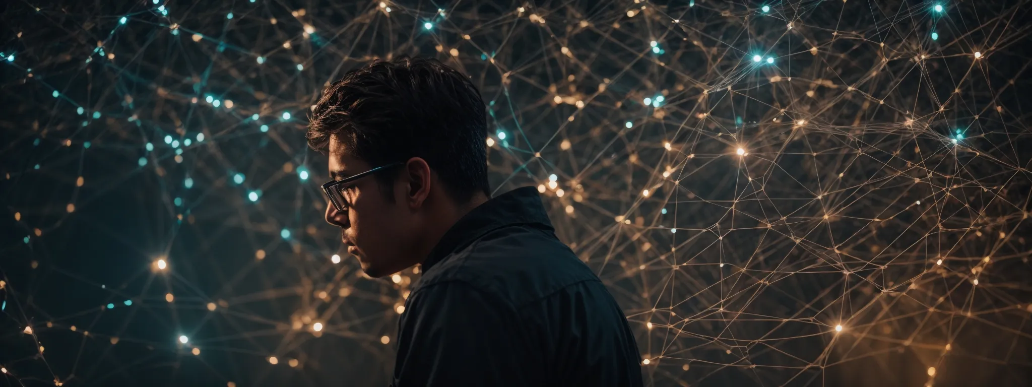 a webmaster is intently examining a complex network of interconnected nodes representing websites engaging in strategic link building.