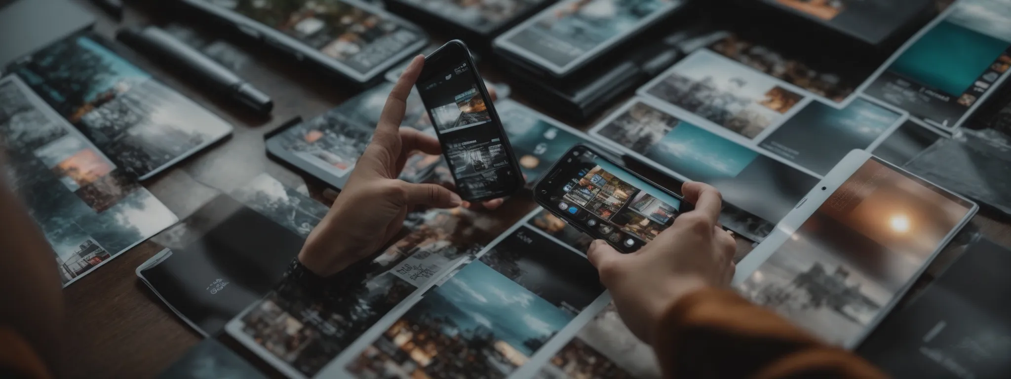 a photographer clicks on a smartphone screen, displaying their portfolio amidst the icons of various social media apps.