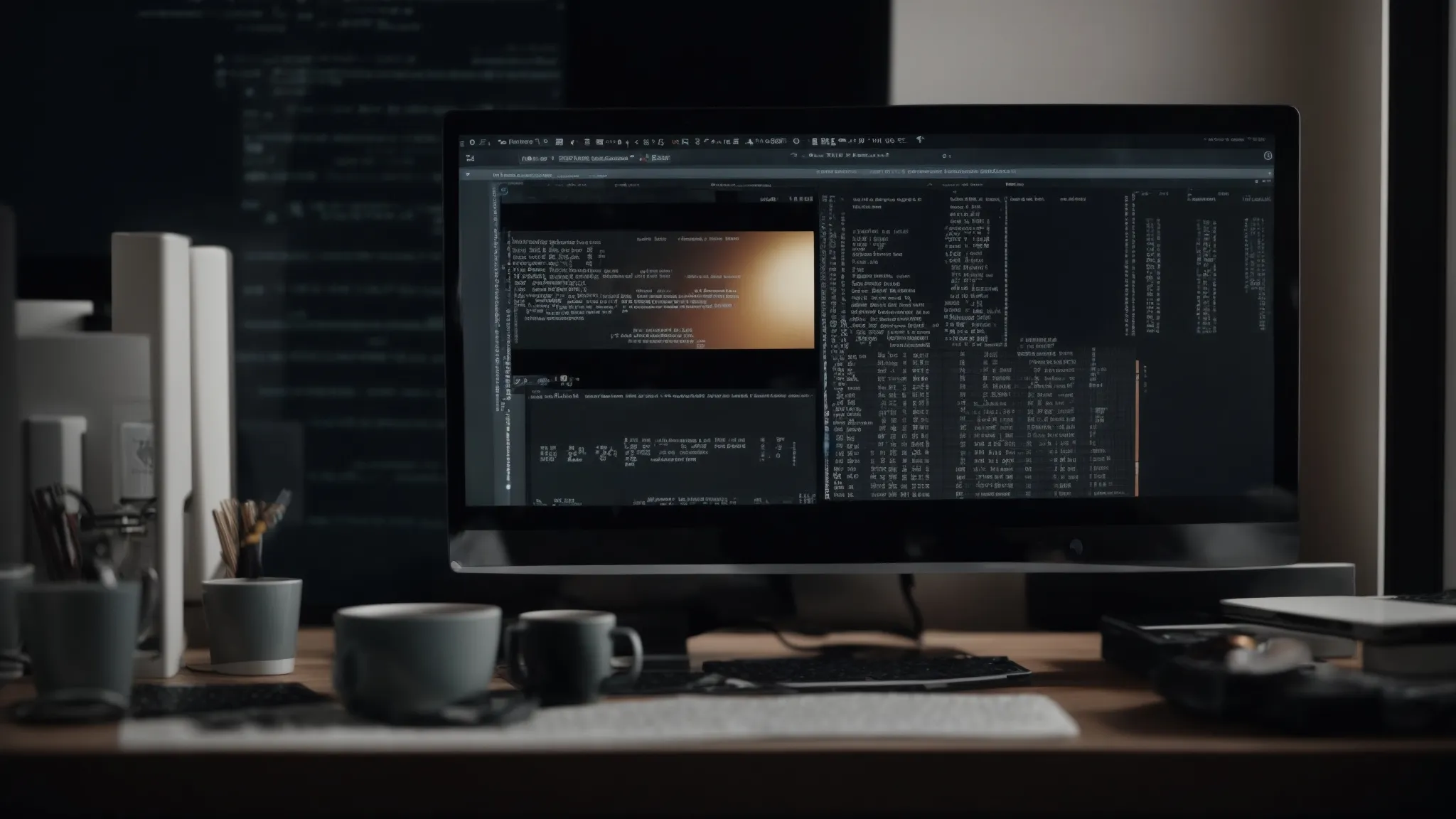 a developer is focused on a computer screen displaying code and a web page layout.