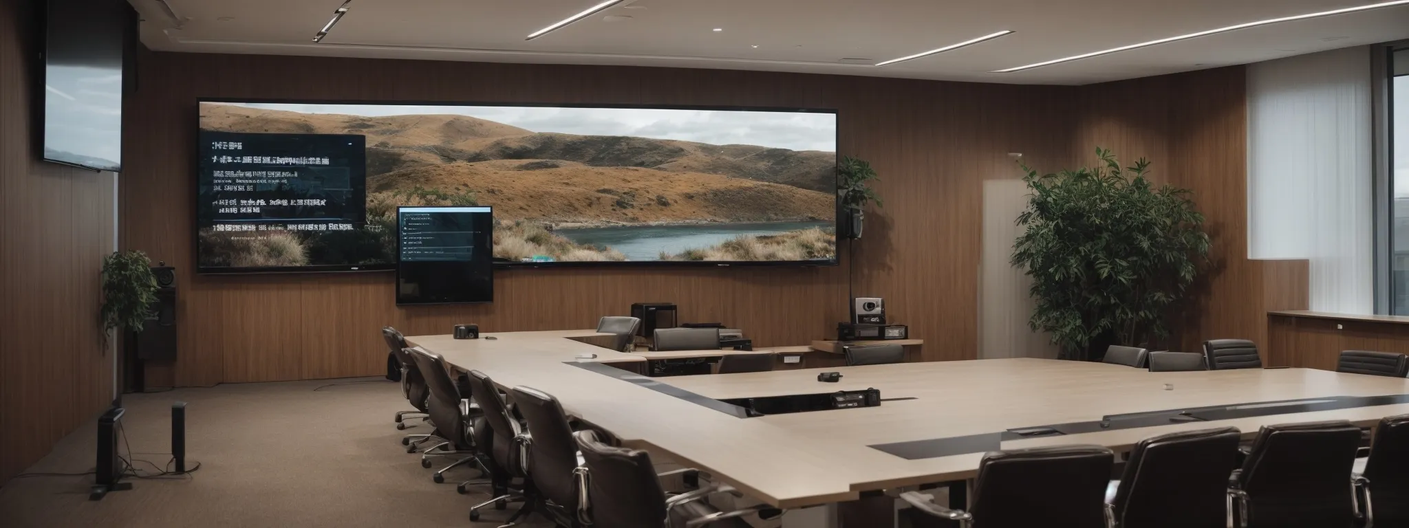 a photo of a modern, professional meeting room with a large screen displaying a website interface, symbolizing b2g directory listings and online networking.