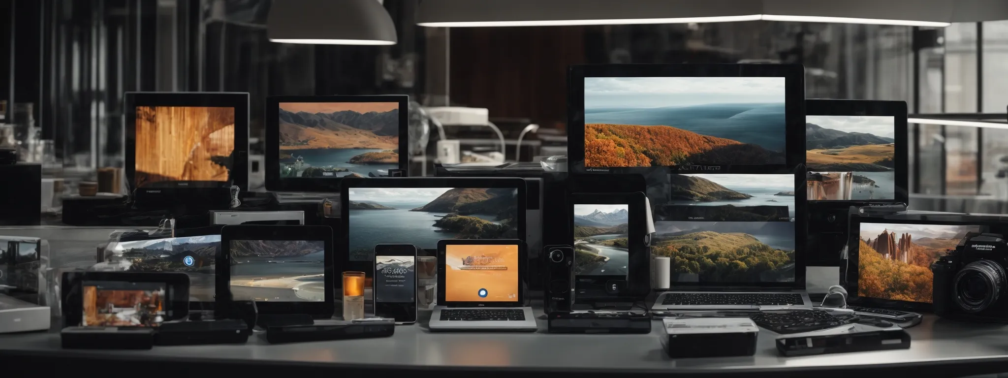 an array of digital devices displaying a unified marketing message across their screens.