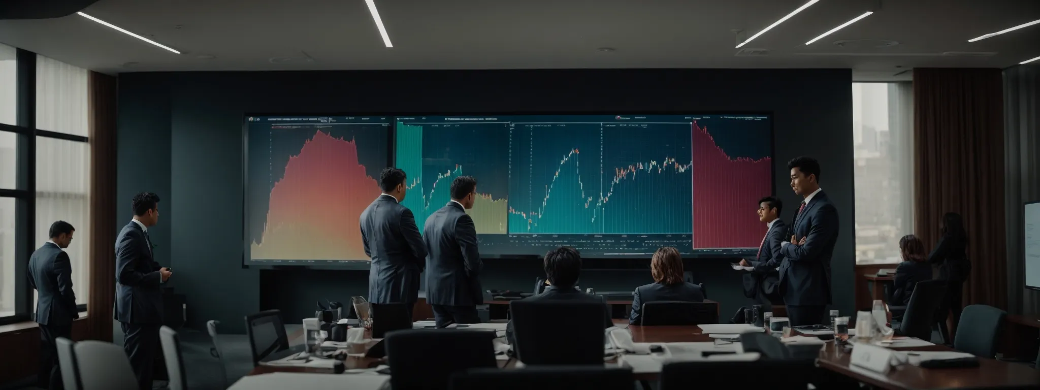 a team gathered around a conference table, intently examining a large screen displaying colorful graphs and charts.