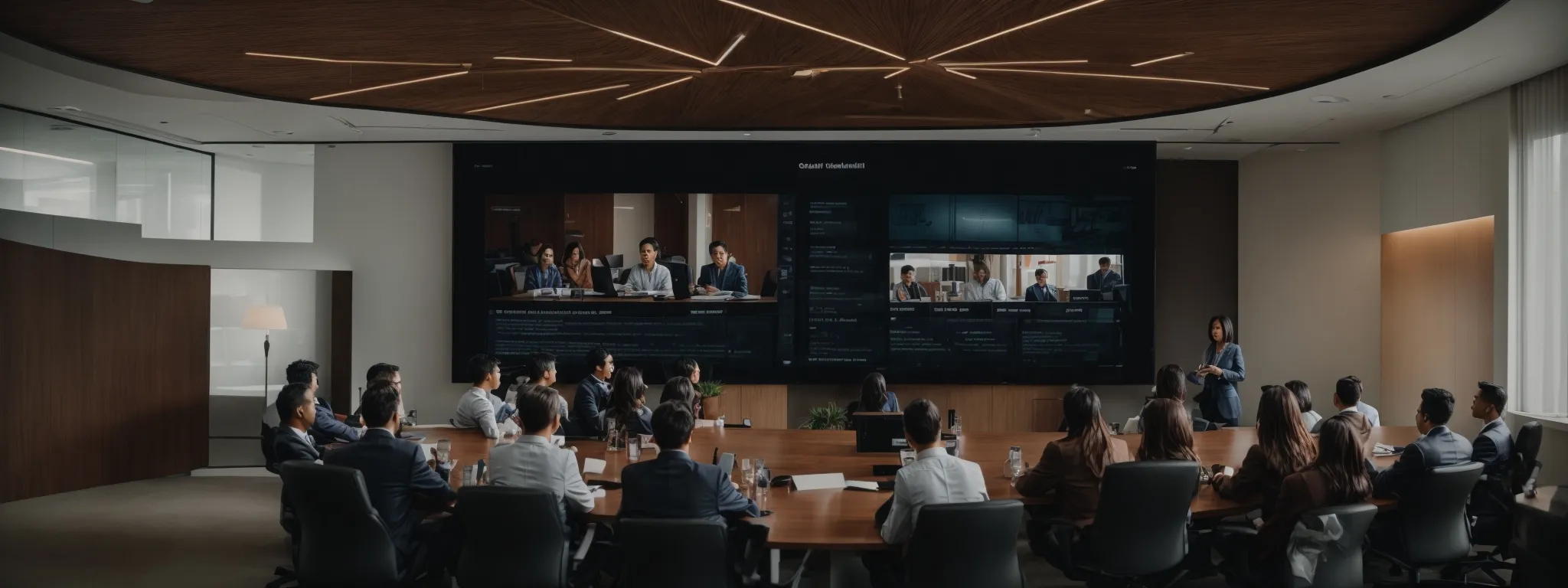 a conference room where a diverse team enthusiastically crafts digital content on a large screen.