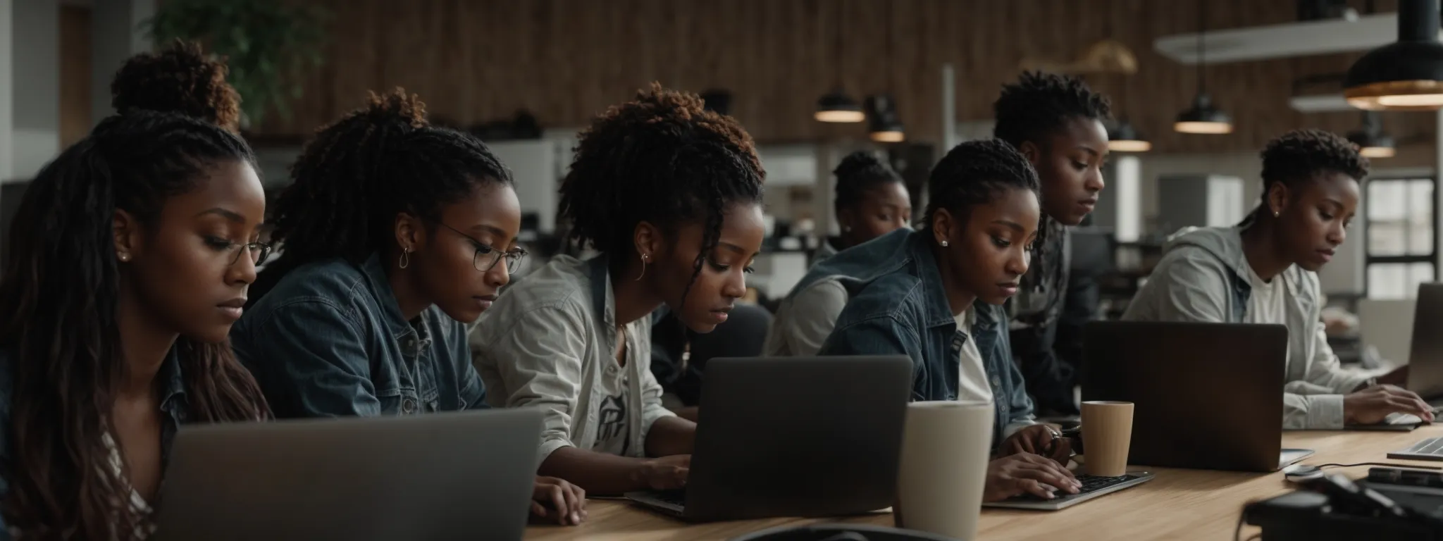 a group of diverse individuals collaboratively working on their laptops in a modern community workspace lit by soft, natural light.