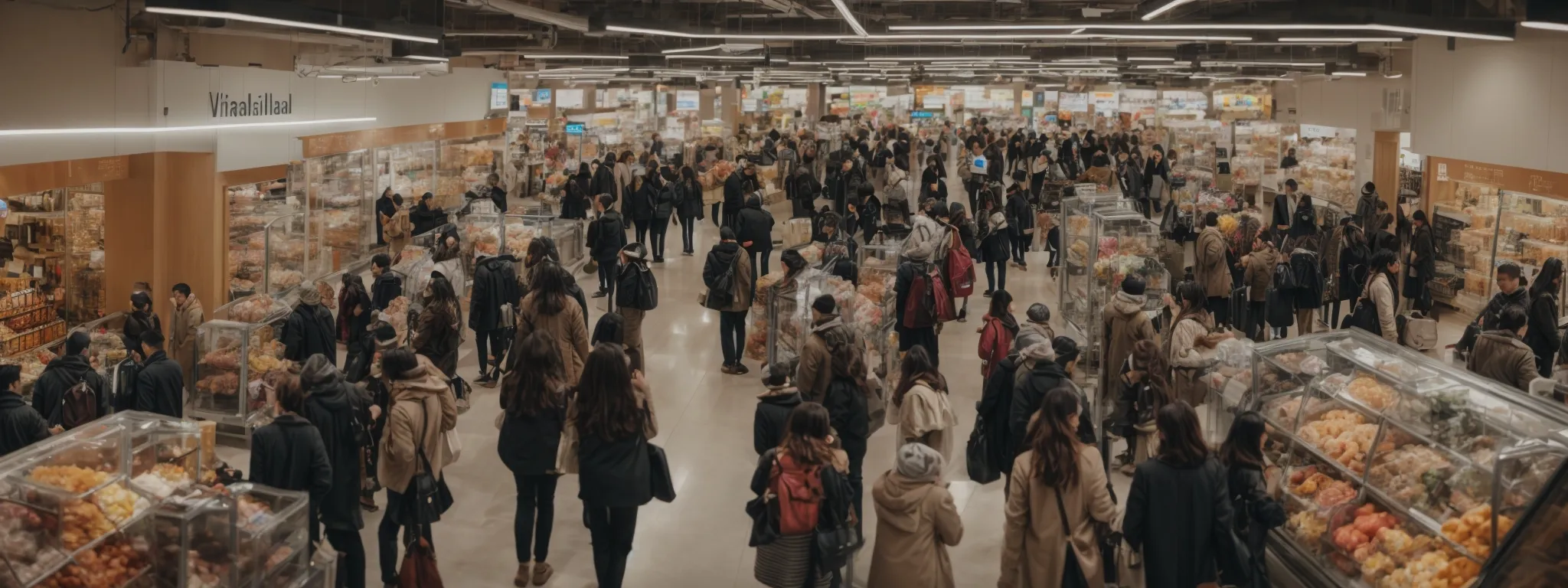 a wide-angle view of busy shoppers navigating through an expansive digital marketplace filled with diverse online stores.