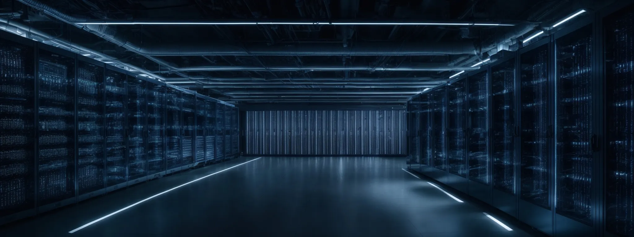 a panoramic view of a high-speed data center with rows of servers and led lights flickering, symbolizing the rapid processing of seo enhancements for ecommerce platforms.