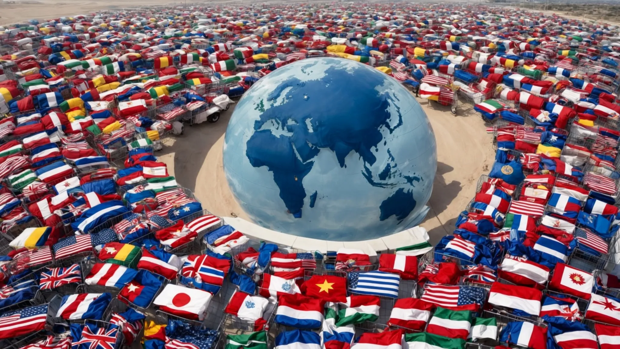 a globe surrounded by shopping carts and various national flags represents international ecommerce.