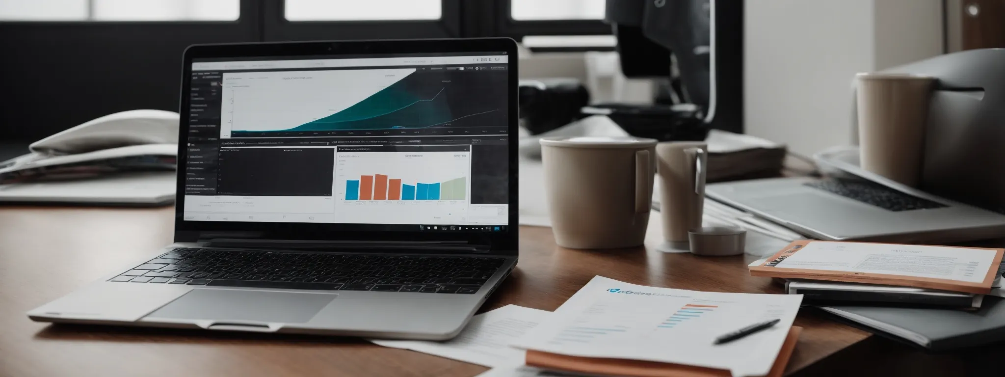 a laptop with graphs and analytics on the screen sits atop a desk surrounded by marketing strategy reports and a cup of coffee.