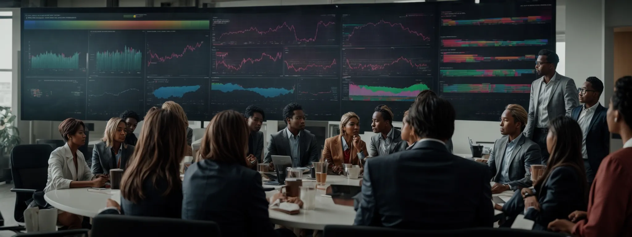 a diverse group of professionals gathered around a large screen displaying colorful charts and project timelines, actively engaged in discussion.