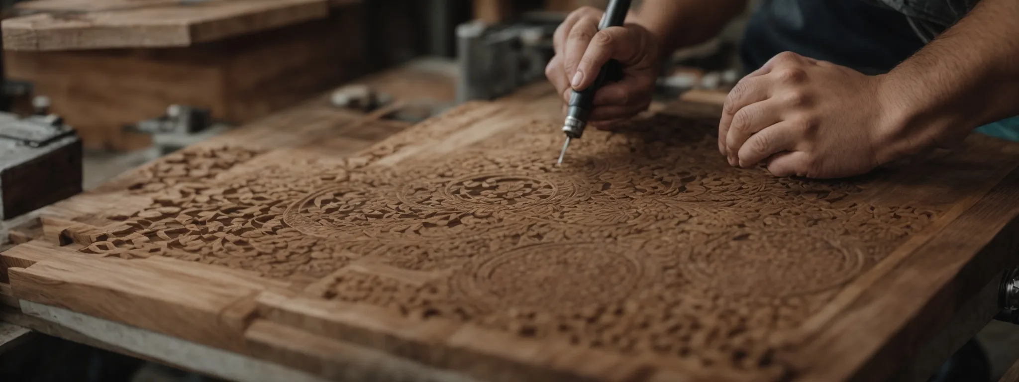 a craftsman carves intricate designs into reclaimed wood in a well-lit, eco-friendly workshop.
