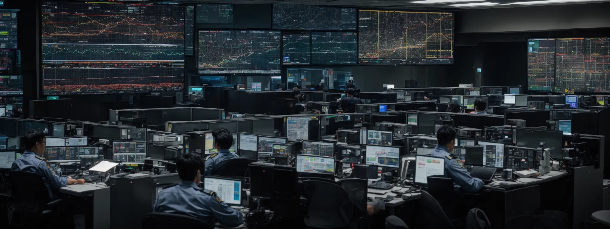 a busy traffic control center with multiple screens displaying real-time traffic maps and charts.